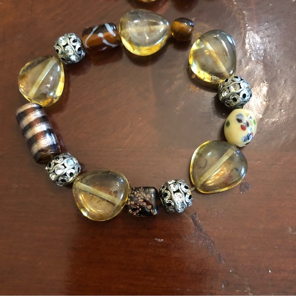 Boho Amber/Brown/Silver Chunky Beaded Stretch Bracelet - Picture 4 of 15